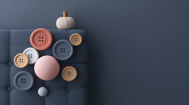 Assortment of colorful, oversized buttons decorates a tufted, dark blue surface beside a small decorative gourd.