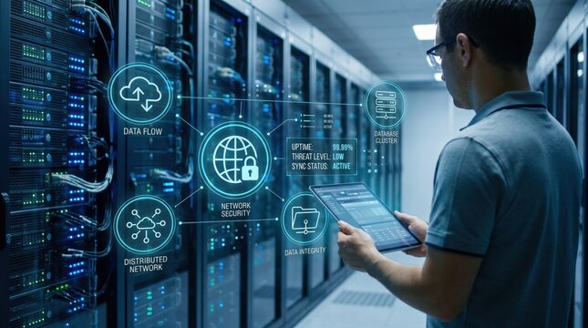 IT administrator monitoring network security and data flow in server room, managing cloud database cluster with tablet interface.
