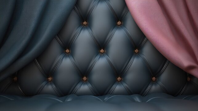Luxurious diamond tufted upholstery backdrop features draped fabric panels on both sides.