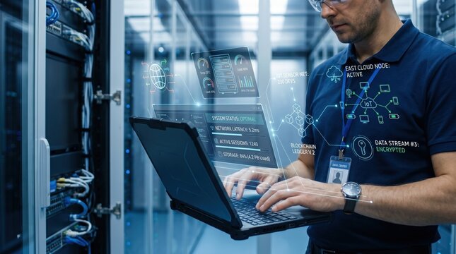 Network engineer working on blockchain ledger system, checking east cloud node status and encrypted data streams on rugged laptop.