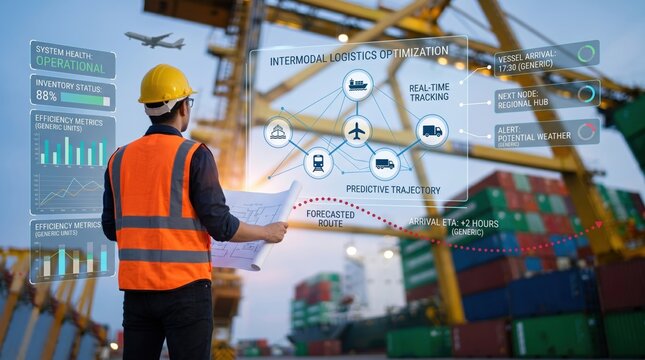Logistics manager monitoring intermodal transport optimization systems at a busy shipping port, utilizing real-time tracking data for cargo containers, supply chain management