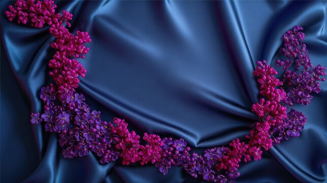 Vibrant magenta and purple blossoms curve gracefully across rich navy blue fabric.