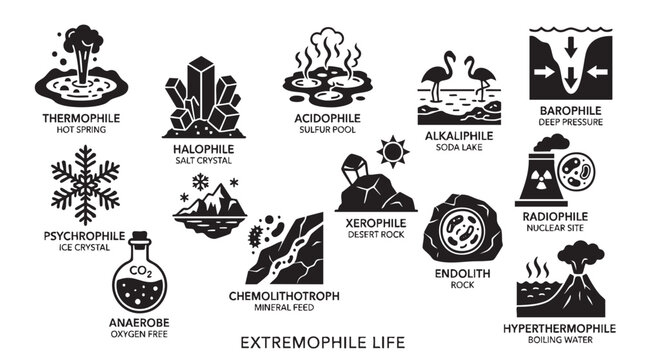 Extremophile life types classified by environment thermophile halophile psychrophile acidophile.