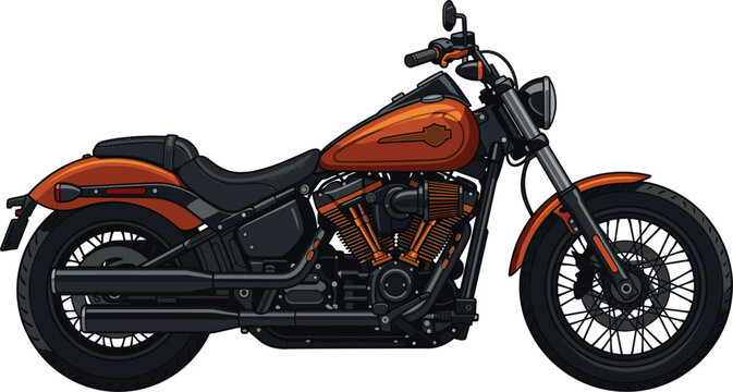 Classic orange and black cruiser motorcycle chopper vector illustration isolated on white background.