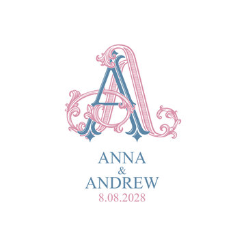 AA monogram logo in a sophisticated ornamental style. Luxury wedding initials for stationery, invitations and personalized wedding branding.
