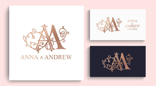 AA monogram logo in a sophisticated ornamental style. Luxury wedding initials for stationery, invitations and personalized wedding branding.