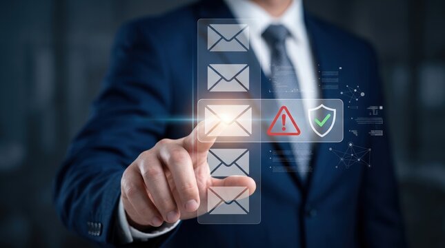 Businessman selecting email icon on virtual screen with security shield and warning sign, representing spam filter and cyber safety