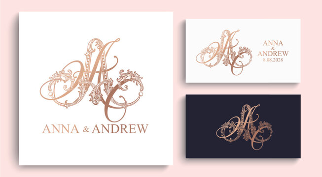 AA monogram with decorative ornamental initials. Elegant wedding logo for bridal stationery, invitations and celebration branding.