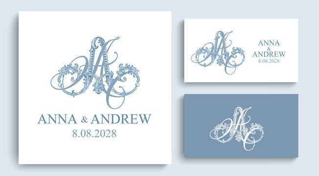 AA monogram with decorative ornamental initials. Elegant wedding logo for bridal stationery, invitations and celebration branding.