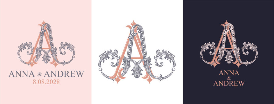 AA monogram with decorative ornamental initials. Elegant wedding logo for bridal stationery, invitations and celebration branding.