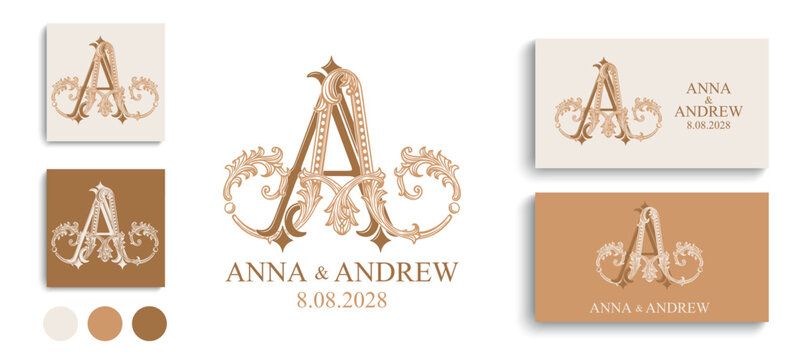 AA monogram with decorative ornamental initials. Elegant wedding logo for bridal stationery, invitations and celebration branding.