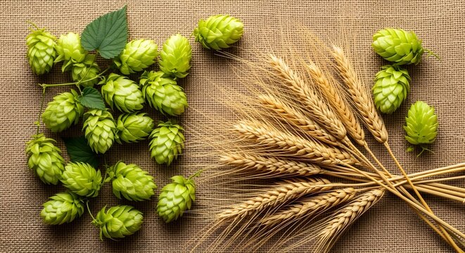 Fresh green hop cones and golden wheat ears on textured burlap background