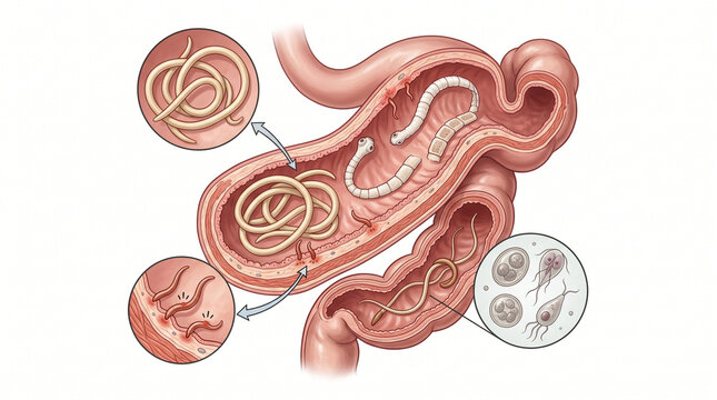 Medical Illustration of Intestinal Parasite Infection in Domestic Animals Intestine