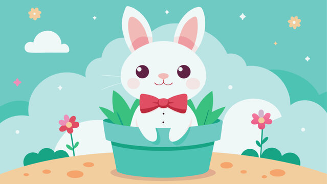 Cute cartoon bunny, white rabbit, floral pot, spring vector, Easter icon