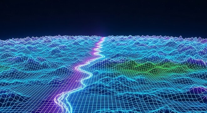 Digital landscape featuring a glowing neon wireframe mountain terrain with a vibrant purple pathway stretching into the dark horizon