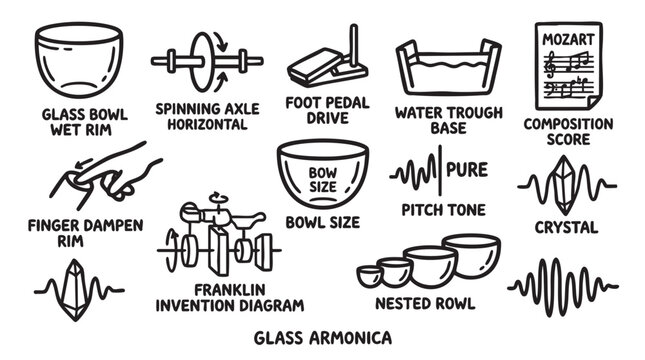 Glass armonica instrument, components and playing techniques for unique musical sound.