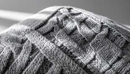 Fototapeta premium Detailed view of gray knitted fabric showcasing intricate patterns, highlighted by soft sunlight.
