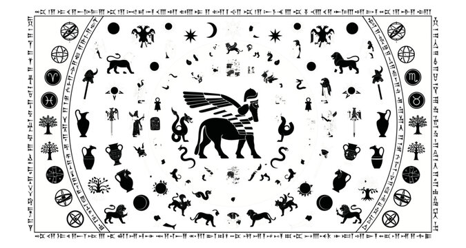 Zodiac symbols and animals on ancient circular chart