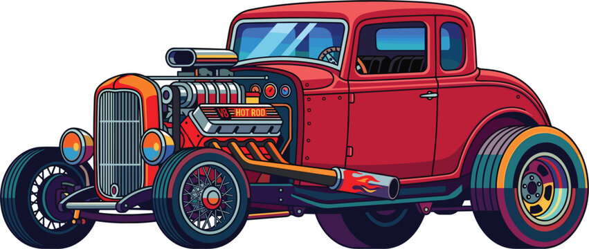 Red vintage classic hot rod custom car vector illustration with open engine isolated on white background.