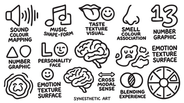 Synesthetic art and sensory mapping illustration, sound colour, music shape, taste texture, smell colour, number graphic.