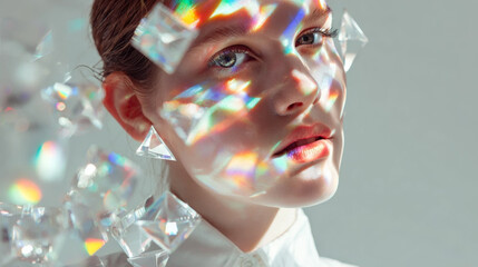 Naklejka premium Artistic portrait of a young woman with rainbow prism light reflections and floating crystals on her face