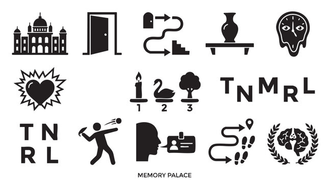 Set of black icons representing memory palace techniques and cognitive training methods for enhanced learning and information retention.