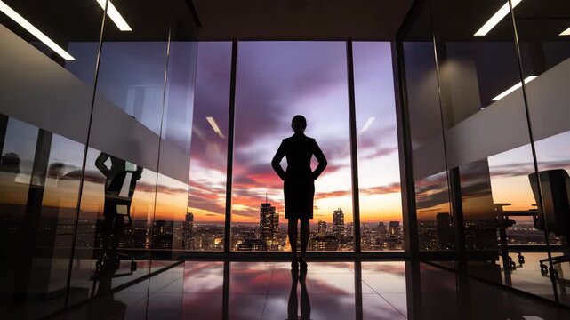 Confident female executive stands in a high-rise office, gazing at the dynamic cityscape during sunset.