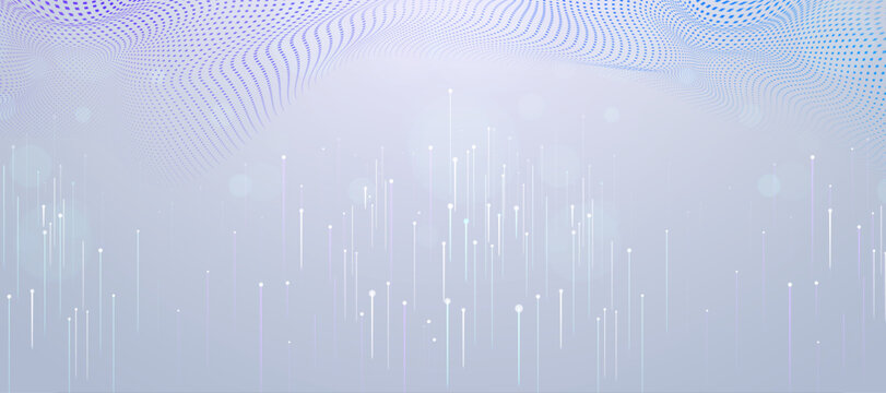 Abstract technology background with glowing light particles and data flow connection dots.