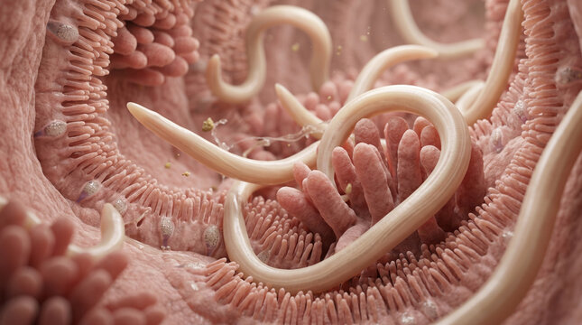 Medical 3D Illustration of Parasitic Worms in Human Intestinal Tract Organism
