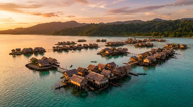 Aerial view of traditional wooden stilt house village on turquoise tropical sea during golden sunset