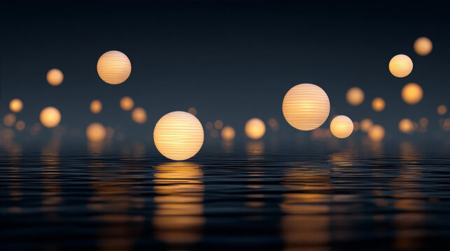 Glowing paper lanterns floating on dark water surface at night with warm bokeh background