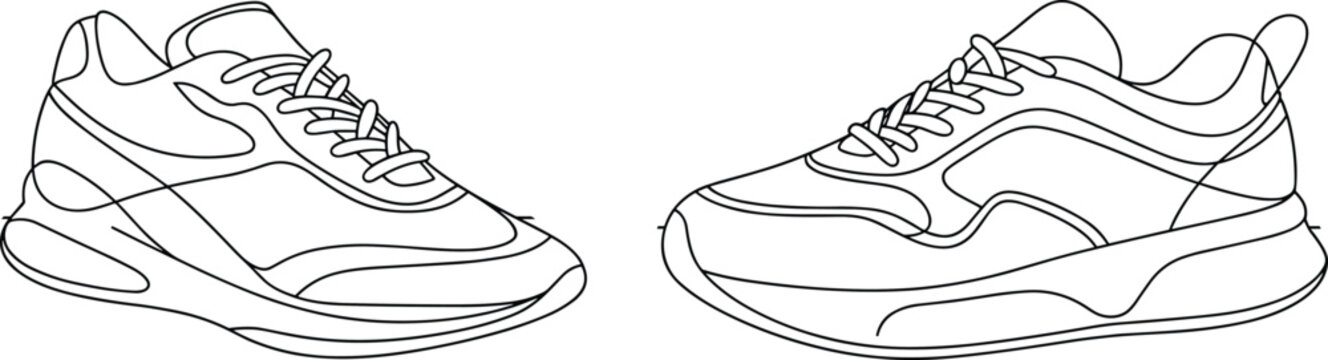 Cad drawing flat vector illustration, sneaker side view, chunky sole shoe sketch, modern footwear blueprint, fashion design, outline style concept