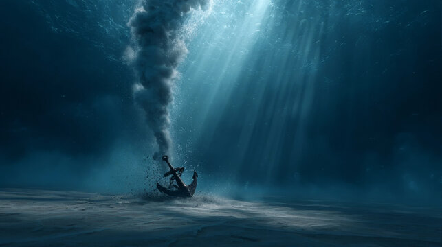 Dramatic underwater scene of a ship anchor dropping onto the sandy seabed, kicking up a large plume of dust under beautiful sun rays filtering through the deep blue ocean water