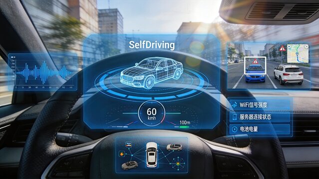 Futuristic self driving car dashboard display with augmented reality HUD interface showing vehicle speed, navigation map, traffic detection sensors and battery status inside