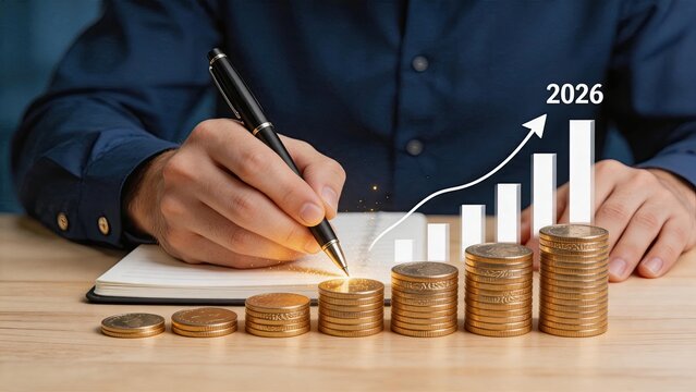 Concept of financial growth and investment success with rising gold coins stack and bar graph arrow pointing to year two thousand twenty six future wealth accumulation