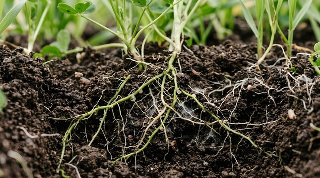 Green plants grow in soil with visible roots and foliage above ground level