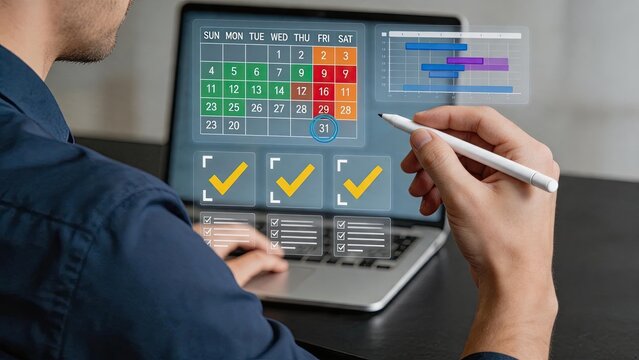 Digital calendar interface with schedule planner, gantt chart and checklist on laptop screen for effective time management and project organization in business workflow