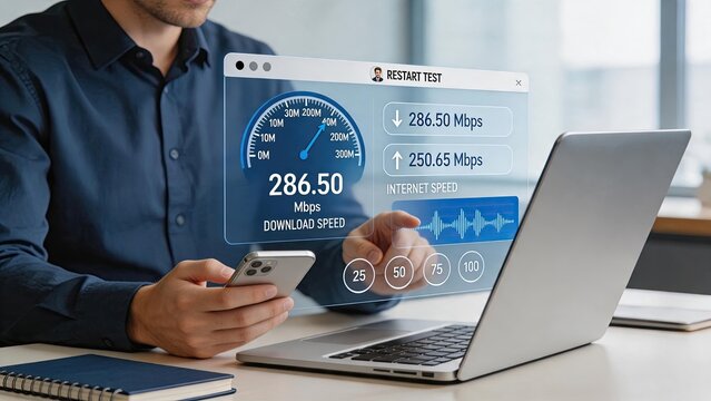 Internet speed test result showing download and upload bandwidth metrics on futuristic dashboard display for network performance analysis and connectivity optimization