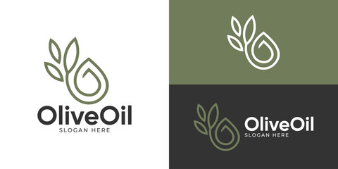 Obraz premium Creative simple olive oil logo template. Water drop with olive tree leaf logo design vector illustration.