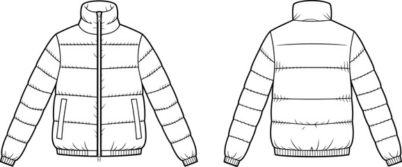 CAD drawing flat vector illustration, technical fashion sketch of puffer jacket front and back view, quilted outerwear apparel design template © Vector World