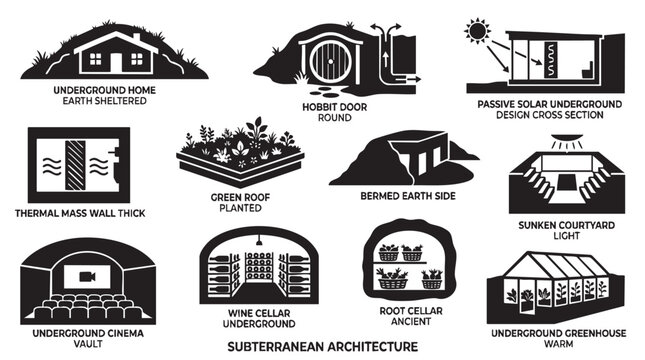 Subterranean architecture concept icons showing underground building designs and earth sheltered home structures.