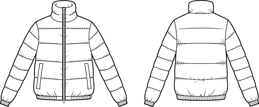 CAD drawing flat vector illustration, technical fashion sketch of puffer jacket front and back view, quilted outerwear apparel design template