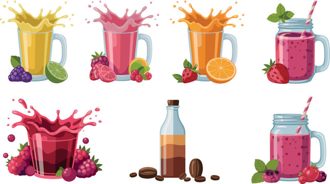 Fresh fruit smoothie and juice collection with vibrant liquid splashes, organic berry shakes in mason jars, cold brew coffee bottle, healthy summer drinks, flat vector illustration set isolated