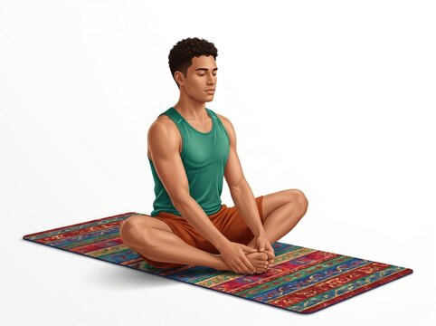 Young man practicing yoga in butterfly pose isolated on white background