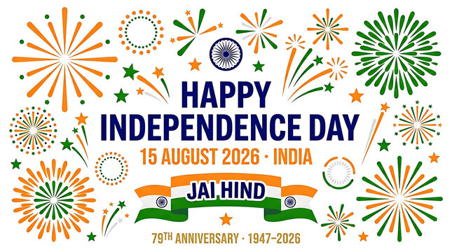 Happy independence day india 15 august 2026 79th anniversary celebration with fireworks and tricolor flag ribbon isolated on white background