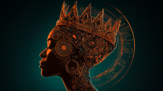 Afrofuturist African queen with an ornate metallic crown in copper tones