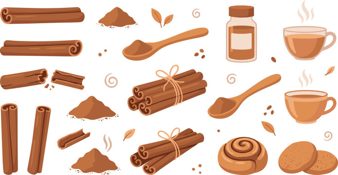 Cinnamon Spice Vector Icon Set Featuring Cinnamon Sticks Powder Wooden Spoons Glass Jar Tea Cups Roll and Cookies Graphic Illustration