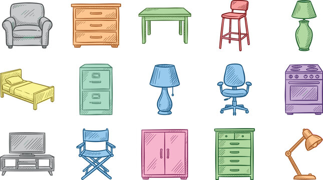 Home furniture hand drawn sketch icon set with colorful doodle symbols of armchair bed desk lamp table cabinet and oven range stove vector illustration.