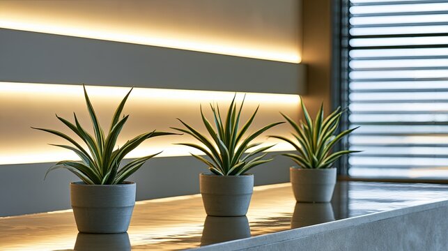 Three potted snake plants on a reflective surface, illuminated by warm uplighting