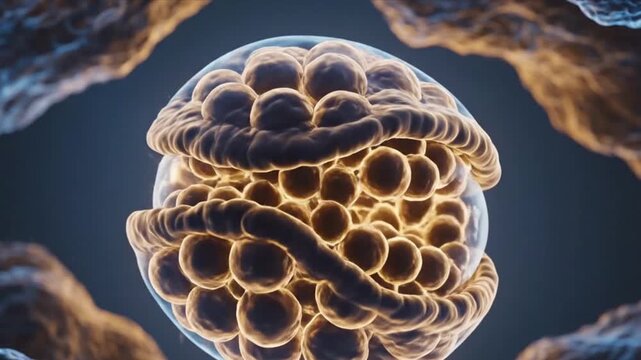 A microscopic view of a cell with a honeycomb-like structure glowing brightly.